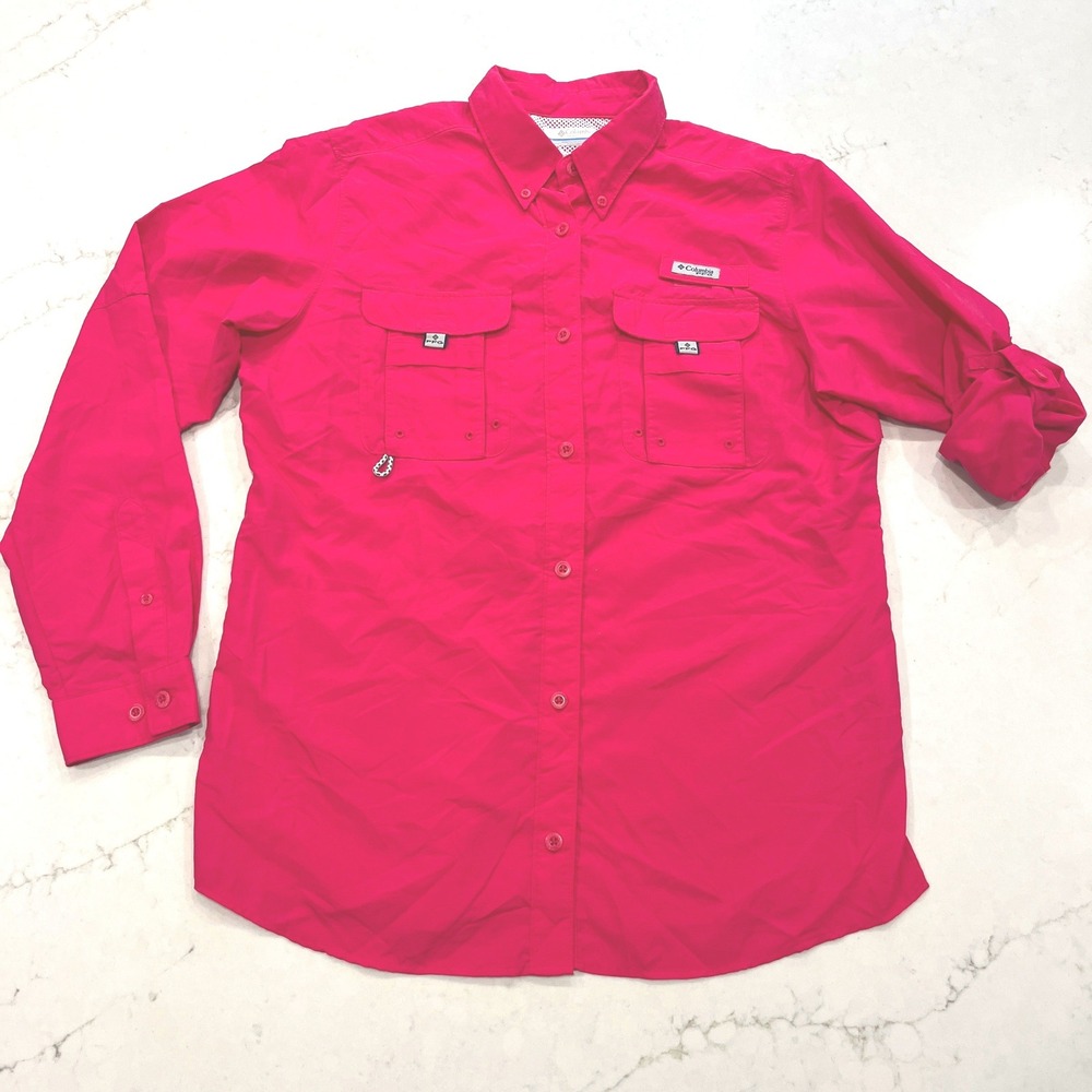 Columbia PFG Fishing Button Up Long Roll Tab Sleeve Shirt Womens M Pink Nylon